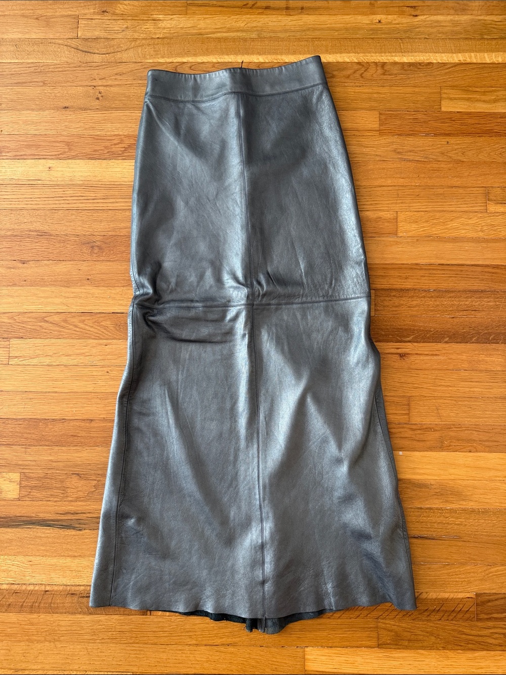 BCBG Max Azria Metallic Grey Genuine Leather Maxi Skirt